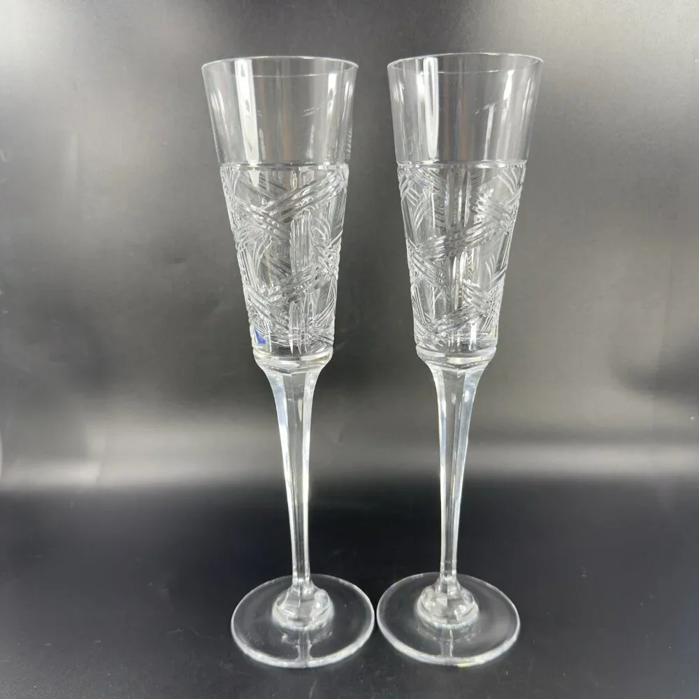 Mikasa Crystal Cross Track Clear Tall Crystal Glass Flute Drinking Glasses Set 2